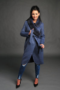 Blue cashmere coat /100 % real fox fur /satin lining /round cut/ new style/warm/chic /dry clean/imported product /