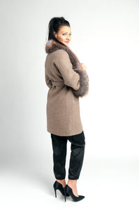 Dirty beige handmade coat / 100% real fox fur / hand made / Alpaca wool /warm / cozy / stylish /evening / everyday /unique /made with love /dry clean only /European made 
