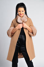 Load image into Gallery viewer, Camel Cashmere coat /real fox fur /satin lining /cashmere /timeless style/ stylish / mid-length /cozy /dry clean only/European made 
