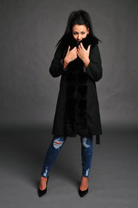 Black Handmade coat / 100% real fox fur / hand made / Alpaca wool /warm / cozy / stylish /evening / everyday /unique /made with love /dry clean only /European made 