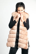Load image into Gallery viewer, Nude leather jacket /100 % real fox fur / can be worn as jacket or vest /satin lining /gold zipper/bottoms on each side for extra comfort during sitting / gold bottoms/ jacket /vest /dry clean only /Europe made
