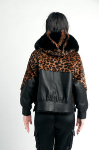 Leather with Real fur Jacket  /Black and printed animal /dry clean only European made 