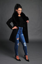 Load image into Gallery viewer, Black coat /mid length /cashmere/satin lining /100 % real fox fur /removable fur /chic /will never be out of style/warm/curvy slim cut /dry clean only /imported product 
