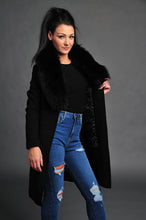 Load image into Gallery viewer, Black coat /mid length /cashmere/satin lining /100 % real fox fur /removable fur /chic /will never be out of style/warm/curvy slim cut /dry clean only /imported product 

