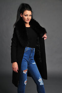 Black coat /mid length /cashmere/satin lining /100 % real fox fur /removable fur /chic /will never be out of style/warm/curvy slim cut /dry clean only /imported product 