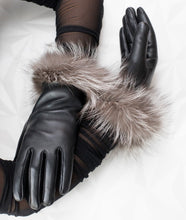 Load image into Gallery viewer, Black leather gloves /fur lining / real fox fur /professional dry clean only/European made
