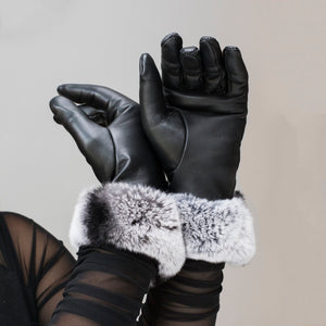 Black leather gloves /fur lining /cuffed with real fur /professional dry clean only/European made