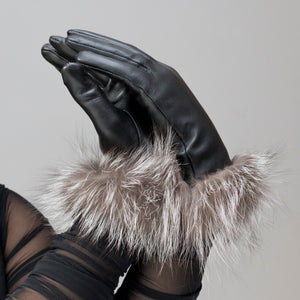 Black leather gloves /fur lining / real  fox fur /professional dry clean only/European made