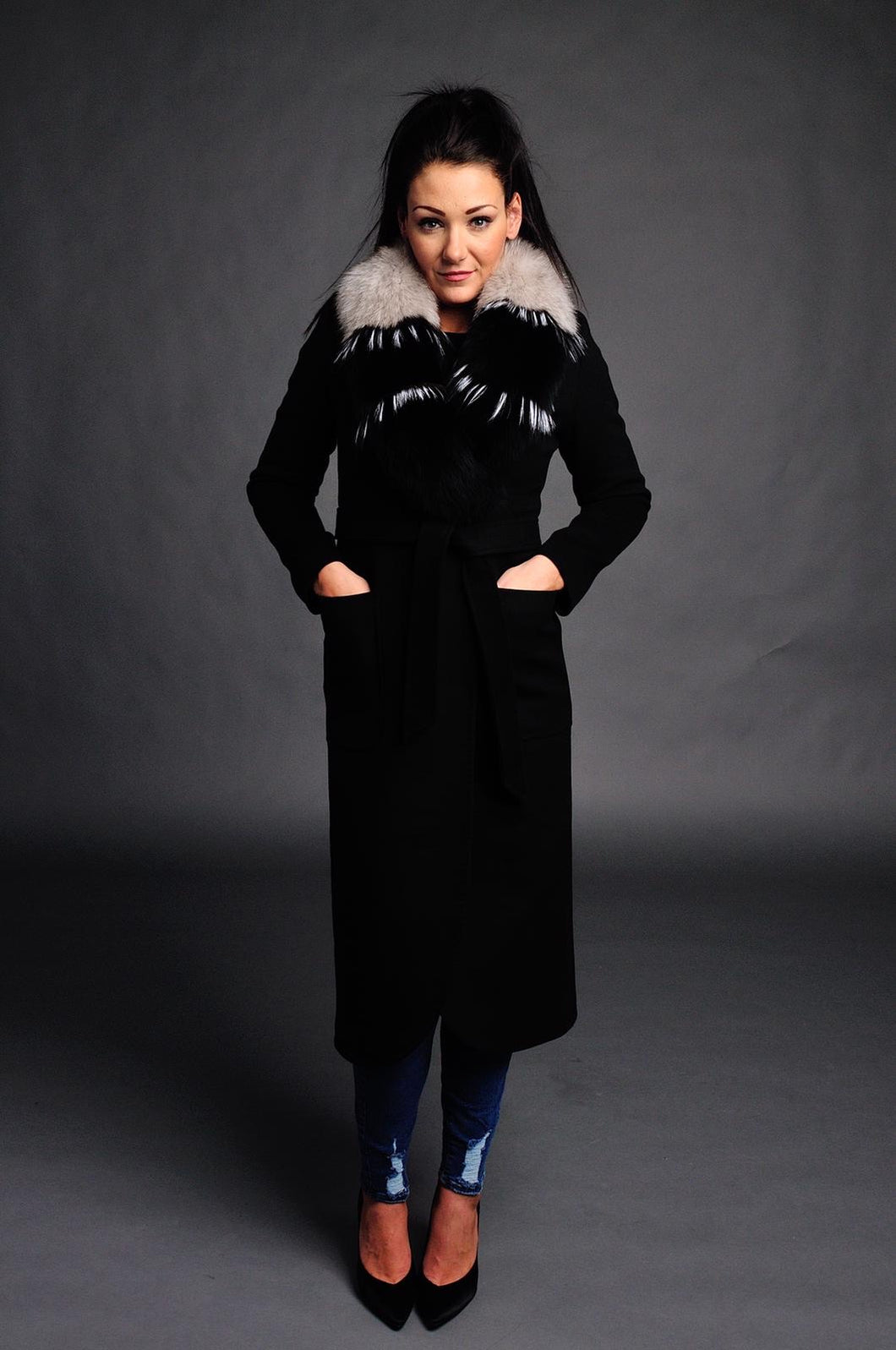 Colour: Black | Material :100% Real Fox Fur, 10% Cashmere, 60% Wool, 25% Lycra, 5% Vis | Professional dry clean only | Removable collar | European-made, imported to Canada | Stylish, flattering fit