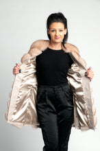 Load image into Gallery viewer, Nude leather jacket /100 % real fox fur / can be worn as jacket or vest /satin lining /gold zipper/bottoms on each side for extra comfort during sitting / gold bottoms/ jacket /vest /dry clean only /Europe made 
