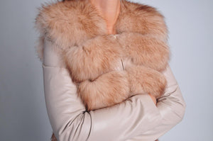 Nude leather jacket /100 % real fox fur / can be worn as jacket or vest /satin lining /gold zipper/bottoms on each side for extra comfort during sitting / gold bottoms/ jacket /vest /dry clean only /Europe made 