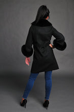 Load image into Gallery viewer, Dark Charcoal Handmade coat / 100% real fox fur / hand made / Alpaca wool /warm / cozy / stylish /evening / everyday /unique /made with love /dry clean only /European made 
