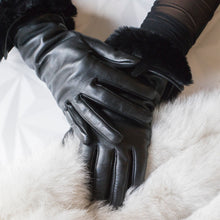 Load image into Gallery viewer, Black long leather gloves /fur lining /cuffed with real fur /proffecional dry clean only/European made
