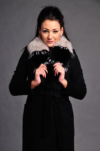 Colour: Black | Material :100% Real Fox Fur, 10% Cashmere, 60% Wool, 25% Lycra, 5% Vis | Professional dry clean only | Removable collar | European-made, imported to Canada | Stylish, flattering fit