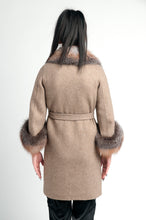 Load image into Gallery viewer, Dirty beige handmade coat / 100% real fox fur / hand made / Alpaca wool /warm / cozy / stylish /evening / everyday /unique /made with love /dry clean only /European made 
