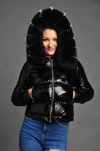 Black Bomber /Black shiny  sport jacket /silver lining /100% real fox fur /removable fur /dry clean/Imported product 