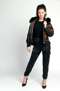 Leather with Real fur Jacket /Black and printed animal /dry clean only European made 