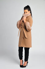 Load image into Gallery viewer, Camel Cashmere coat /real fox fur /satin lining /cashmere /timeless style/ stylish / mid-length /cozy /dry clean only/European made 

