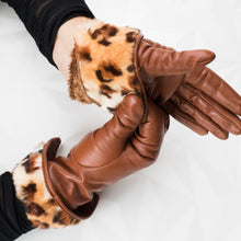 Load image into Gallery viewer, Brown  leather gloves /fur lining /cuffed with real fur /Animal prints /professional dry clean only/European made
