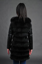 Load image into Gallery viewer, Black leather jacket / can be worn as vest / 100 % real fox fur /gold zipper / got zipper on each side for luxury style and for extra comfort during sitting / removable sleeves/ Jacket /vest /dry clean only /imported product   
