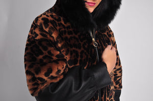 Leather with Real fur Jacket/Black and printed animal /dry clean only European made 