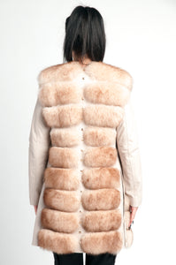 Nude leather jacket /100 % real fox fur / can be worn as jacket or vest /satin lining /gold zipper/bottoms on each side for extra comfort during sitting / gold bottoms/ jacket /vest /dry clean only /Europe made 