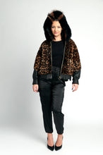 Load image into Gallery viewer, Leather with Real fur Jacket /Black and printed animal /dry clean only European made 
